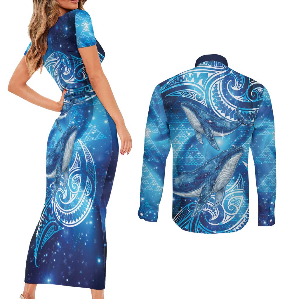 New Zealand Humpback Whale Matariki Couples Matching Short Sleeve Bodycon Dress and Long Sleeve Button Shirt Maori New Year Taniko Niho Taniwha LT14 - Polynesian Pride