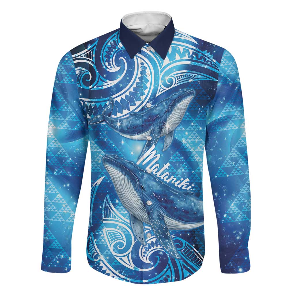 New Zealand Humpback Whale Matariki Family Matching Off Shoulder Short Dress and Hawaiian Shirt Maori New Year Taniko Niho Taniwha LT14 Dad's Shirt - Long Sleeve Blue - Polynesian Pride