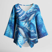New Zealand Humpback Whale Matariki Kimono Sleeve Blouse Maori New Year Taniko Niho Taniwha LT14 Female Blue - Polynesian Pride