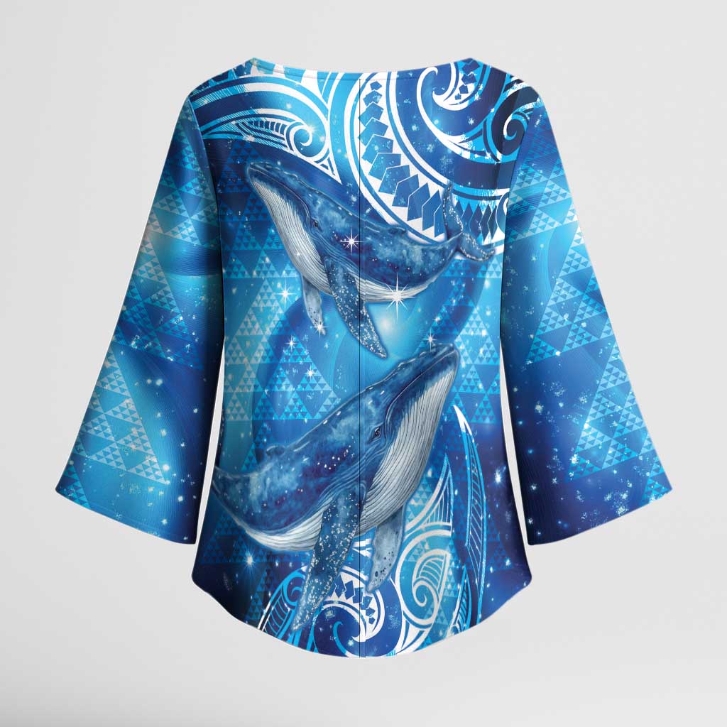 New Zealand Humpback Whale Matariki Kimono Sleeve Blouse Maori New Year Taniko Niho Taniwha LT14 - Polynesian Pride