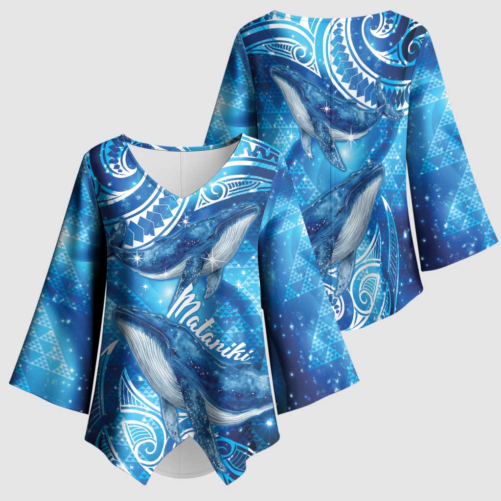 New Zealand Humpback Whale Matariki Kimono Sleeve Blouse Maori New Year Taniko Niho Taniwha LT14 - Polynesian Pride