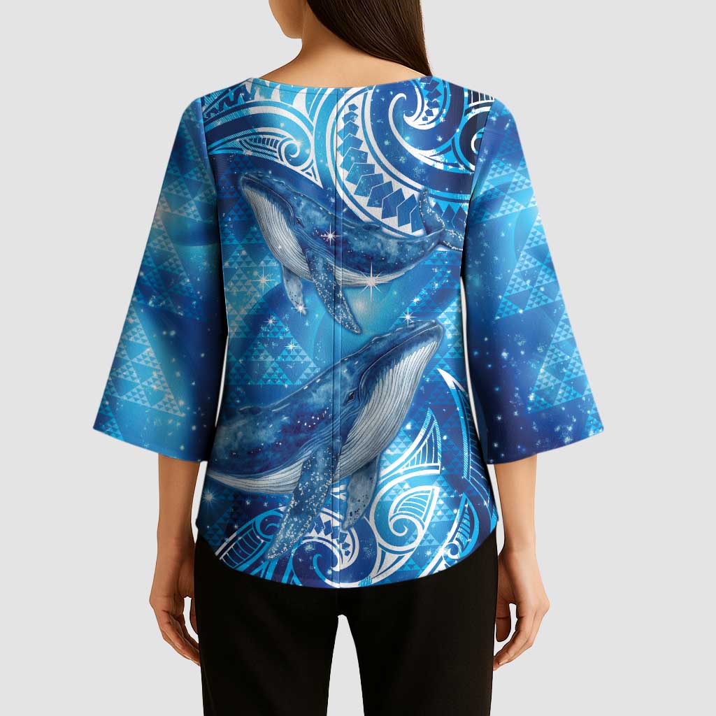 New Zealand Humpback Whale Matariki Kimono Sleeve Blouse Maori New Year Taniko Niho Taniwha LT14 - Polynesian Pride