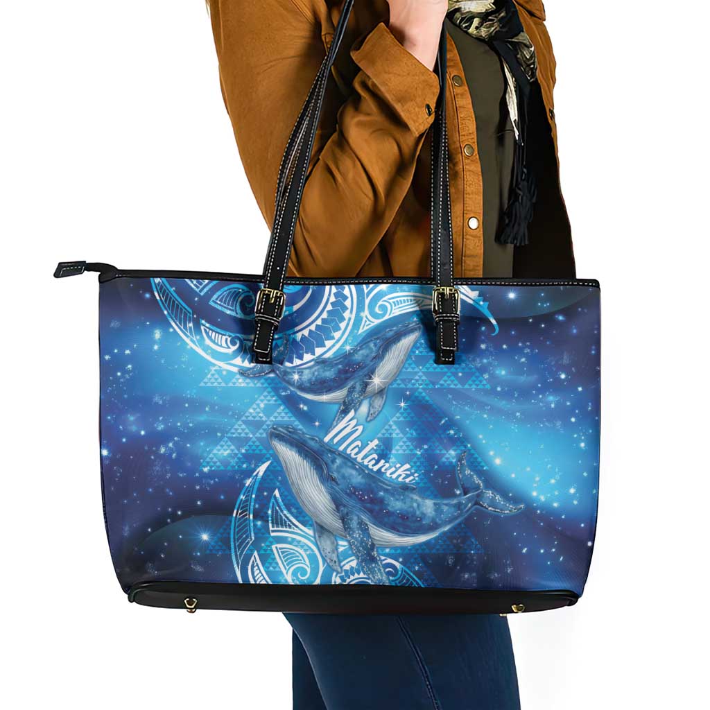 New Zealand Humpback Whale Matariki Leather Tote Bag Maori New Year Taniko Niho Taniwha