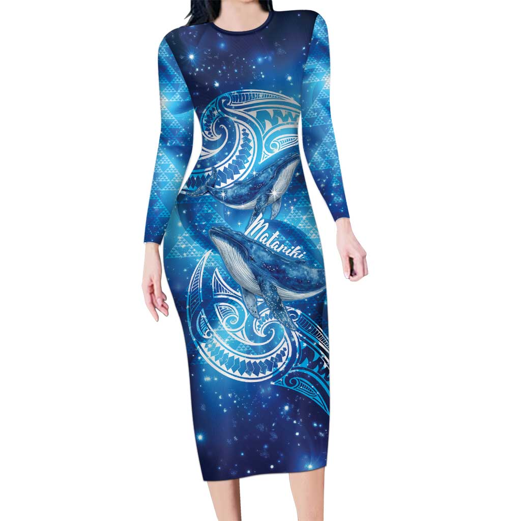 New Zealand Humpback Whale Matariki Long Sleeve Bodycon Dress Maori New Year Taniko Niho Taniwha