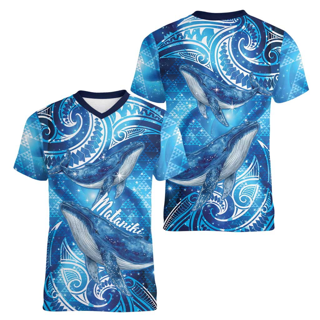 New Zealand Humpback Whale Matariki Women V-Neck T-Shirt Maori New Year Taniko Niho Taniwha LT14 - Polynesian Pride