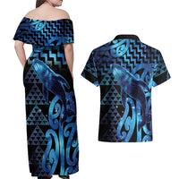 Humpback Whale Matariki New Zealand Couples Matching Off Shoulder Maxi Dress and Hawaiian Shirt NZ Maori Paikea Poutama Luxury Blue LT14 - Polynesian Pride