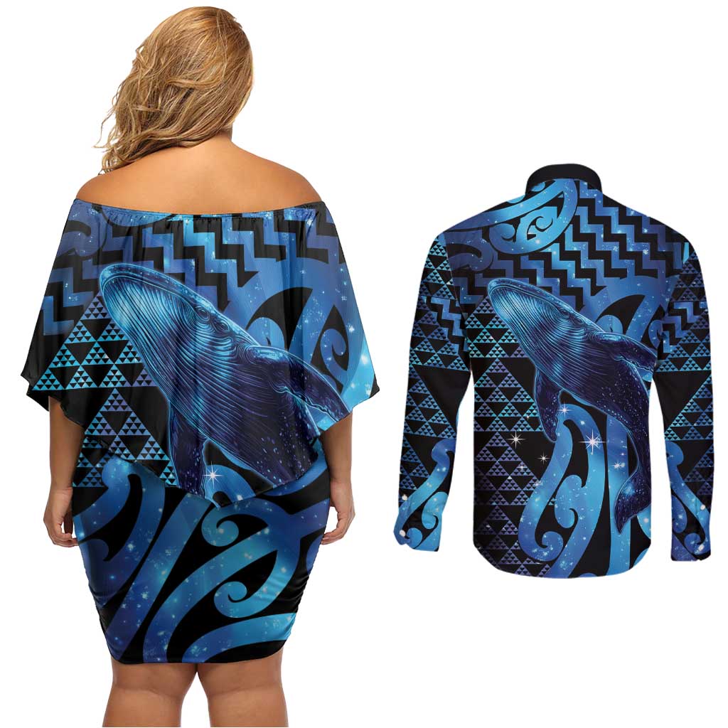 Humpback Whale Matariki New Zealand Couples Matching Off Shoulder Short Dress and Long Sleeve Button Shirt NZ Maori Paikea Poutama Luxury Blue LT14 - Polynesian Pride