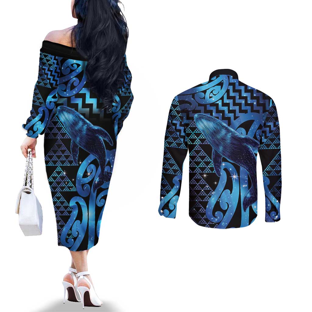 Humpback Whale Matariki New Zealand Couples Matching Off The Shoulder Long Sleeve Dress and Long Sleeve Button Shirt NZ Maori Paikea Poutama Luxury Blue LT14 - Polynesian Pride