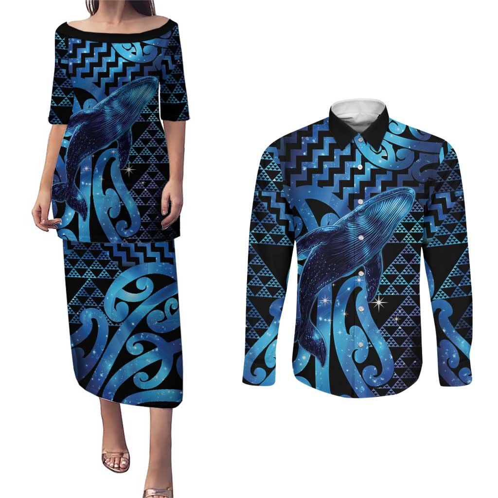 Humpback Whale Matariki New Zealand Couples Matching Puletasi and Long Sleeve Button Shirt NZ Maori Paikea Poutama Luxury Blue