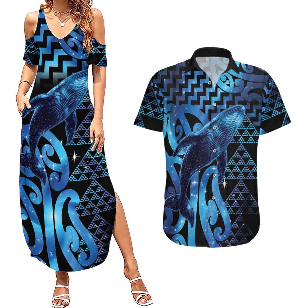 Humpback Whale Matariki New Zealand Couples Matching Summer Maxi Dress and Hawaiian Shirt NZ Maori Paikea Poutama Luxury Blue LT14 Blue - Polynesian Pride