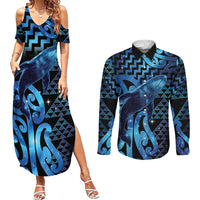 Humpback Whale Matariki New Zealand Couples Matching Summer Maxi Dress and Long Sleeve Button Shirt NZ Maori Paikea Poutama Luxury Blue LT14 Blue - Polynesian Pride