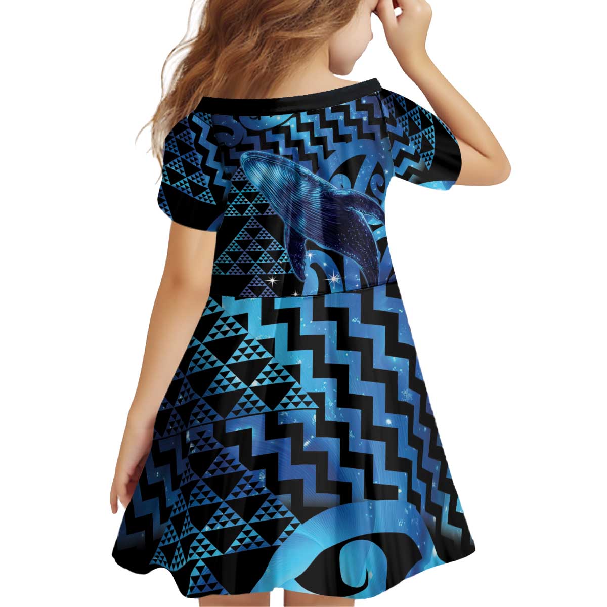 Humpback Whale Matariki New Zealand Kid Short Sleeve Dress NZ Maori Paikea Poutama Luxury Blue LT14 - Polynesian Pride