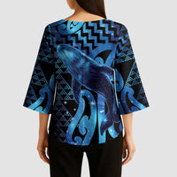 Humpback Whale Matariki New Zealand Kimono Sleeve Blouse NZ Maori Paikea Poutama Luxury Blue