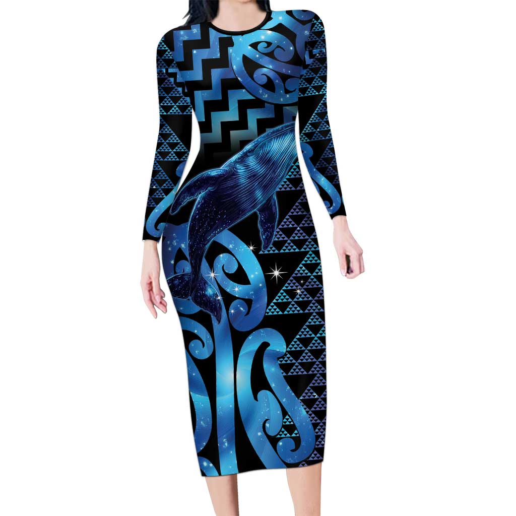 Humpback Whale Matariki New Zealand Long Sleeve Bodycon Dress NZ Maori Paikea Poutama Luxury Blue