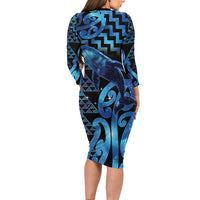 Humpback Whale Matariki New Zealand Long Sleeve Bodycon Dress NZ Maori Paikea Poutama Luxury Blue LT14 - Polynesian Pride