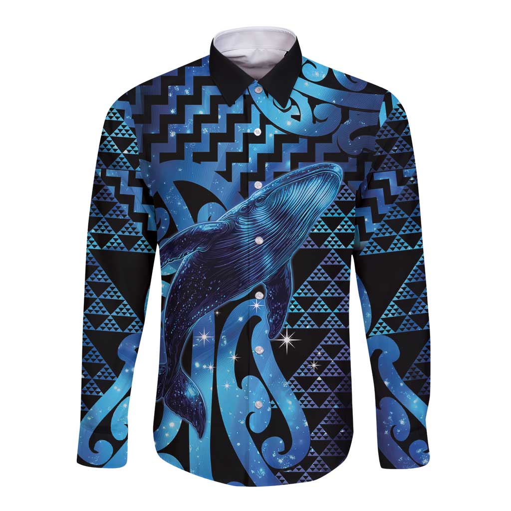 Humpback Whale Matariki New Zealand Long Sleeve Button Shirt NZ Maori Paikea Poutama Luxury Blue