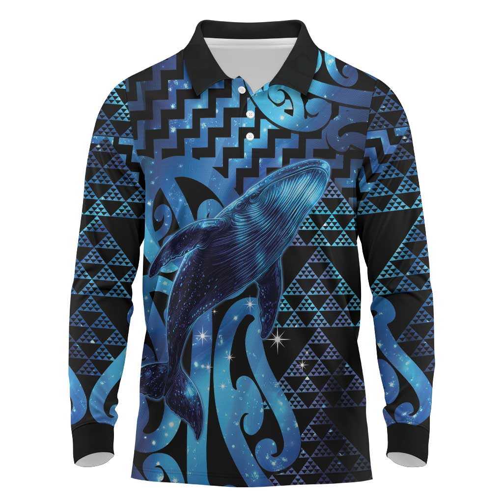 Humpback Whale Matariki New Zealand Long Sleeve Polo Shirt NZ Maori Paikea Poutama Luxury Blue