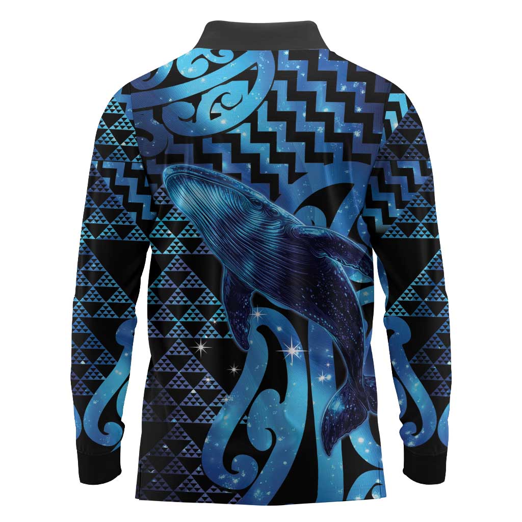 Humpback Whale Matariki New Zealand Long Sleeve Polo Shirt NZ Maori Paikea Poutama Luxury Blue LT14 - Polynesian Pride