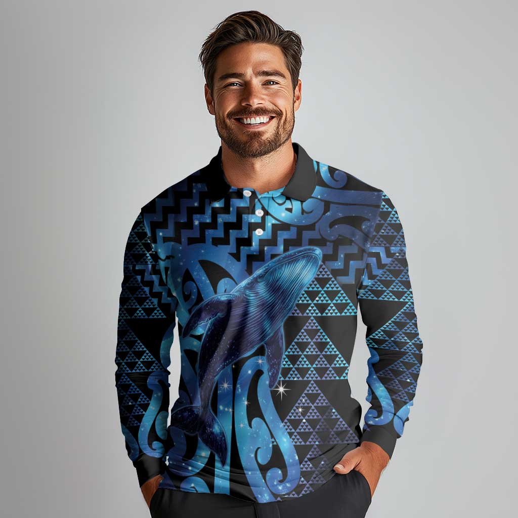 Humpback Whale Matariki New Zealand Long Sleeve Polo Shirt NZ Maori Paikea Poutama Luxury Blue LT14 - Polynesian Pride
