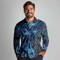 Humpback Whale Matariki New Zealand Long Sleeve Polo Shirt NZ Maori Paikea Poutama Luxury Blue LT14 - Polynesian Pride