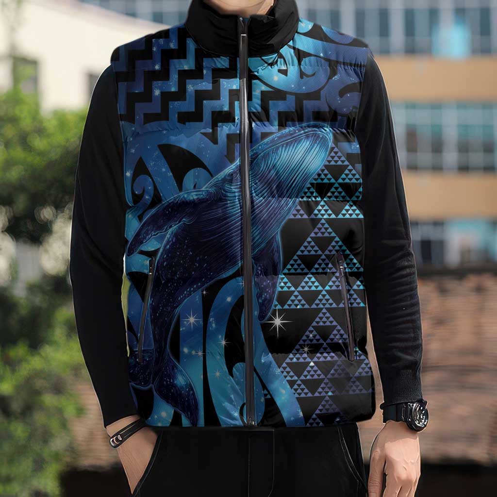 Humpback Whale Matariki New Zealand Sleeveless Puffer Jacket NZ Maori Paikea Poutama Luxury Blue