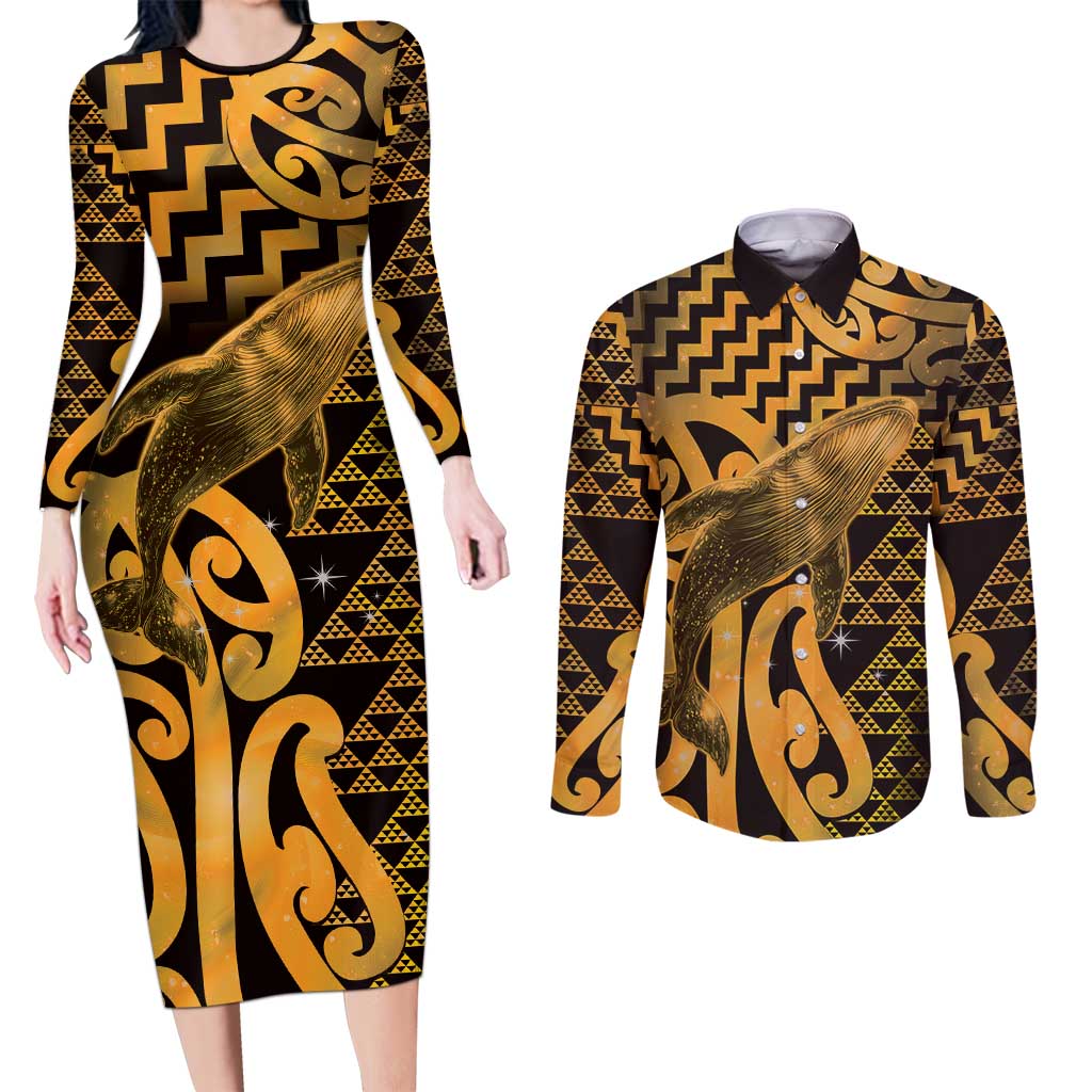 Humpback Whale Matariki New Zealand Couples Matching Long Sleeve Bodycon Dress and Long Sleeve Button Shirt NZ Maori Paikea Poutama Luxury Gold LT14 Gold - Polynesian Pride