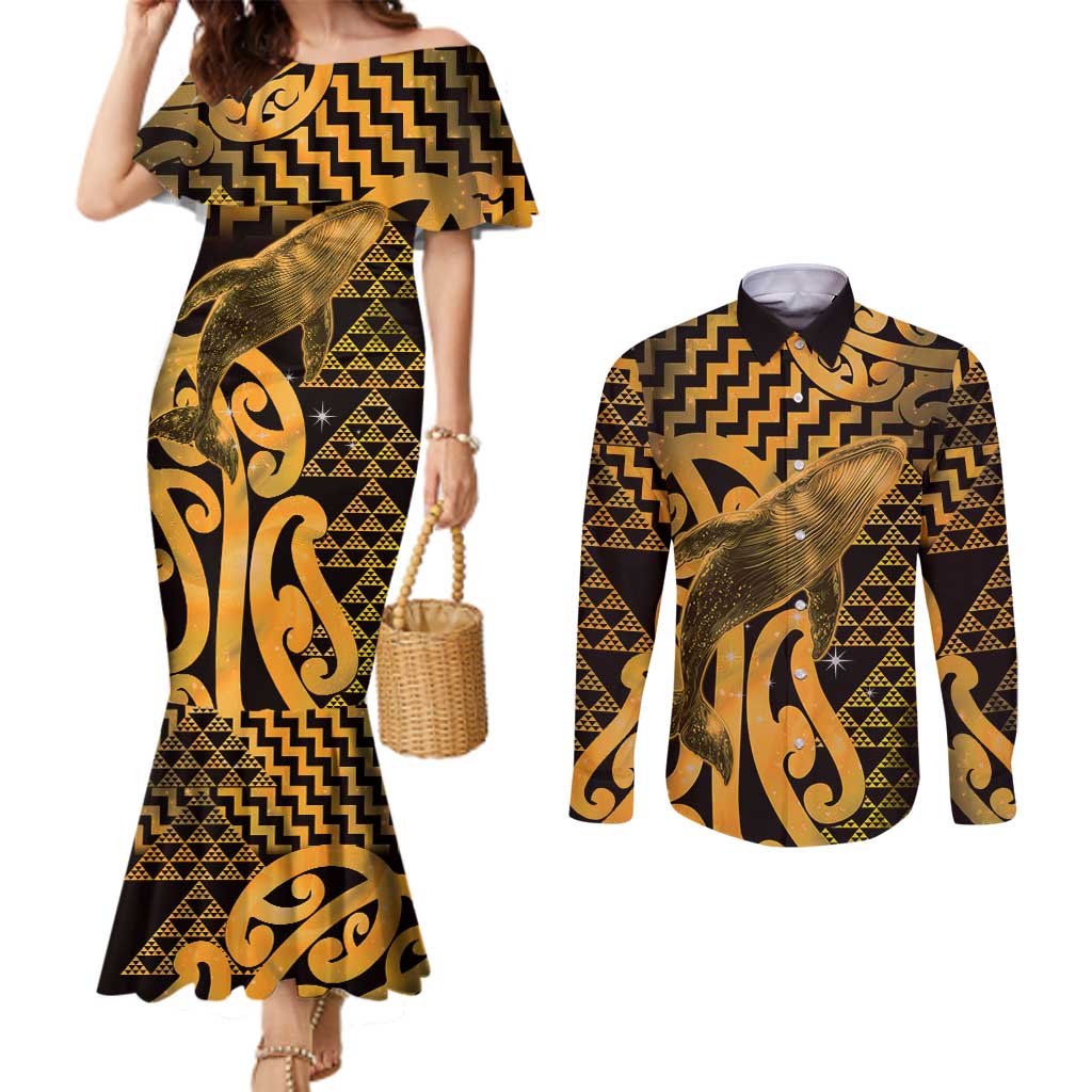 Humpback Whale Matariki New Zealand Couples Matching Mermaid Dress and Long Sleeve Button Shirt NZ Maori Paikea Poutama Luxury Gold LT14 Gold - Polynesian Pride
