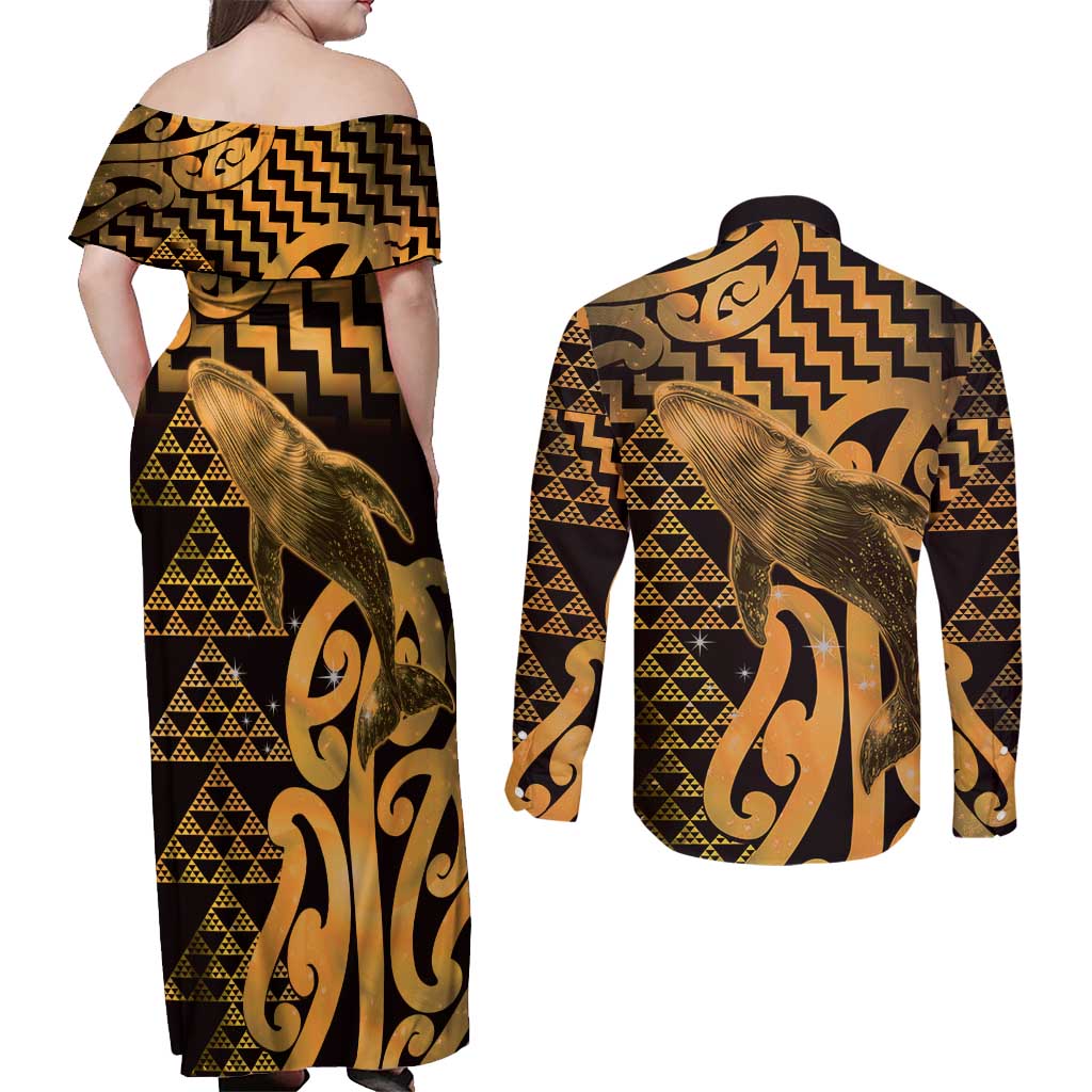 Humpback Whale Matariki New Zealand Couples Matching Off Shoulder Maxi Dress and Long Sleeve Button Shirt NZ Maori Paikea Poutama Luxury Gold LT14 - Polynesian Pride