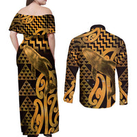 Humpback Whale Matariki New Zealand Couples Matching Off Shoulder Maxi Dress and Long Sleeve Button Shirt NZ Maori Paikea Poutama Luxury Gold LT14 - Polynesian Pride