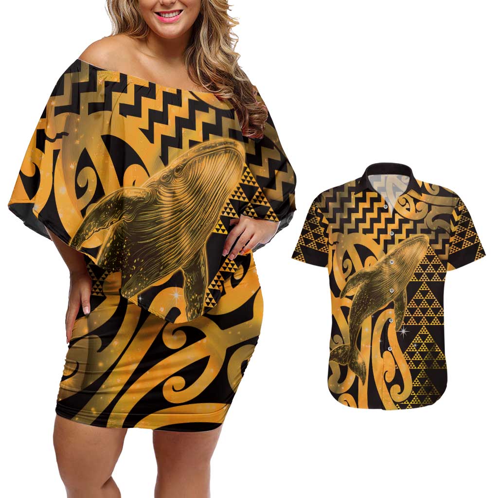 Humpback Whale Matariki New Zealand Couples Matching Off Shoulder Short Dress and Hawaiian Shirt NZ Maori Paikea Poutama Luxury Gold LT14 Gold - Polynesian Pride