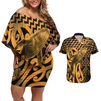Humpback Whale Matariki New Zealand Couples Matching Off Shoulder Short Dress and Hawaiian Shirt NZ Maori Paikea Poutama Luxury Gold LT14 Gold - Polynesian Pride