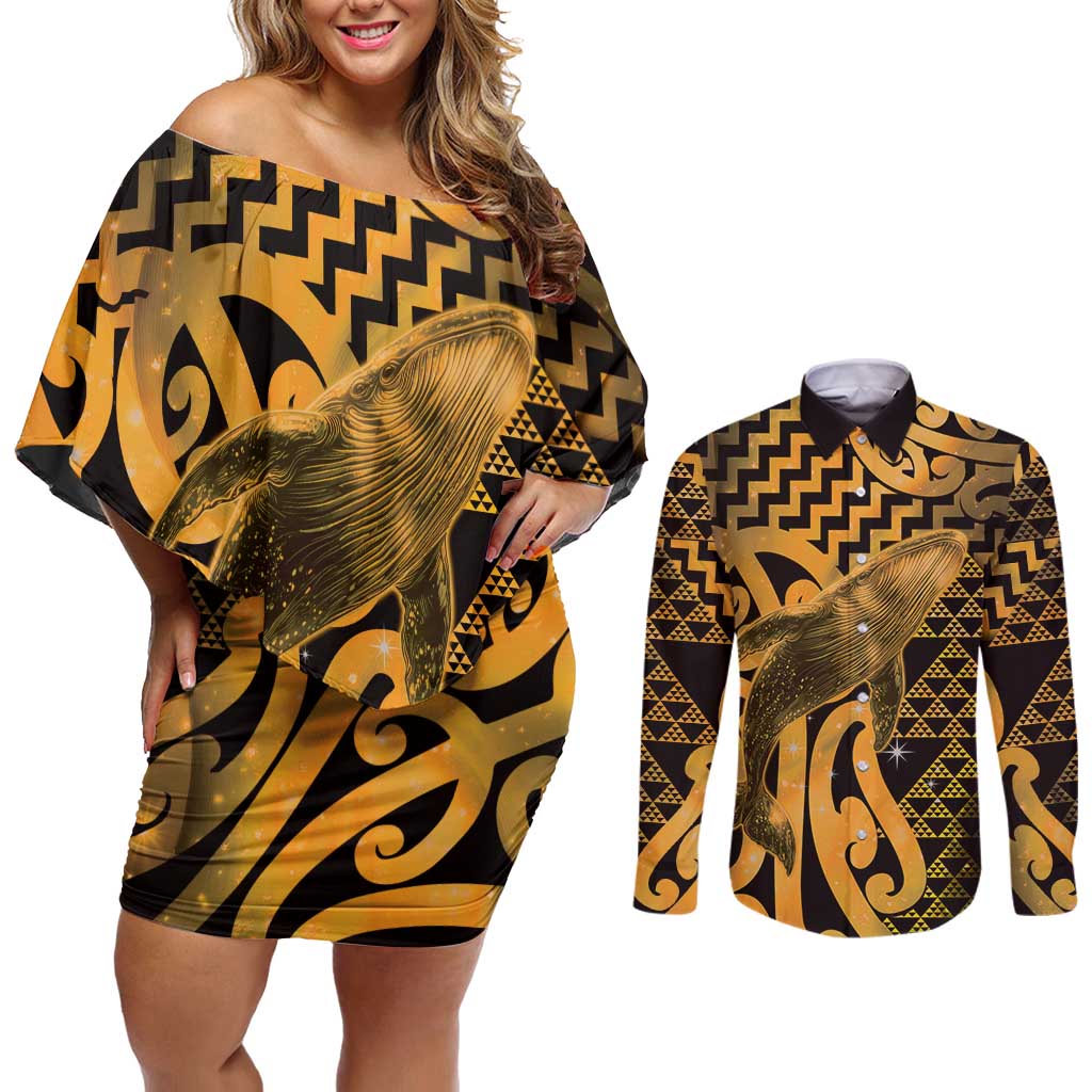 Humpback Whale Matariki New Zealand Couples Matching Off Shoulder Short Dress and Long Sleeve Button Shirt NZ Maori Paikea Poutama Luxury Gold LT14 Gold - Polynesian Pride