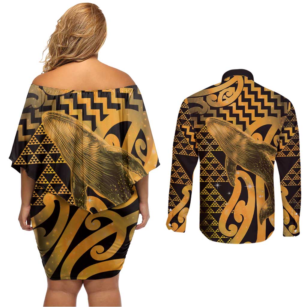 Humpback Whale Matariki New Zealand Couples Matching Off Shoulder Short Dress and Long Sleeve Button Shirt NZ Maori Paikea Poutama Luxury Gold LT14 - Polynesian Pride