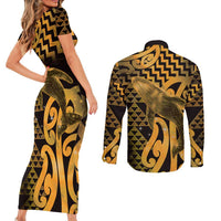 Humpback Whale Matariki New Zealand Couples Matching Short Sleeve Bodycon Dress and Long Sleeve Button Shirt NZ Maori Paikea Poutama Luxury Gold LT14 - Polynesian Pride