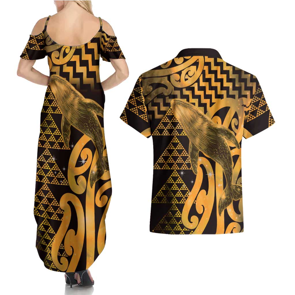Humpback Whale Matariki New Zealand Couples Matching Summer Maxi Dress and Hawaiian Shirt NZ Maori Paikea Poutama Luxury Gold LT14 - Polynesian Pride
