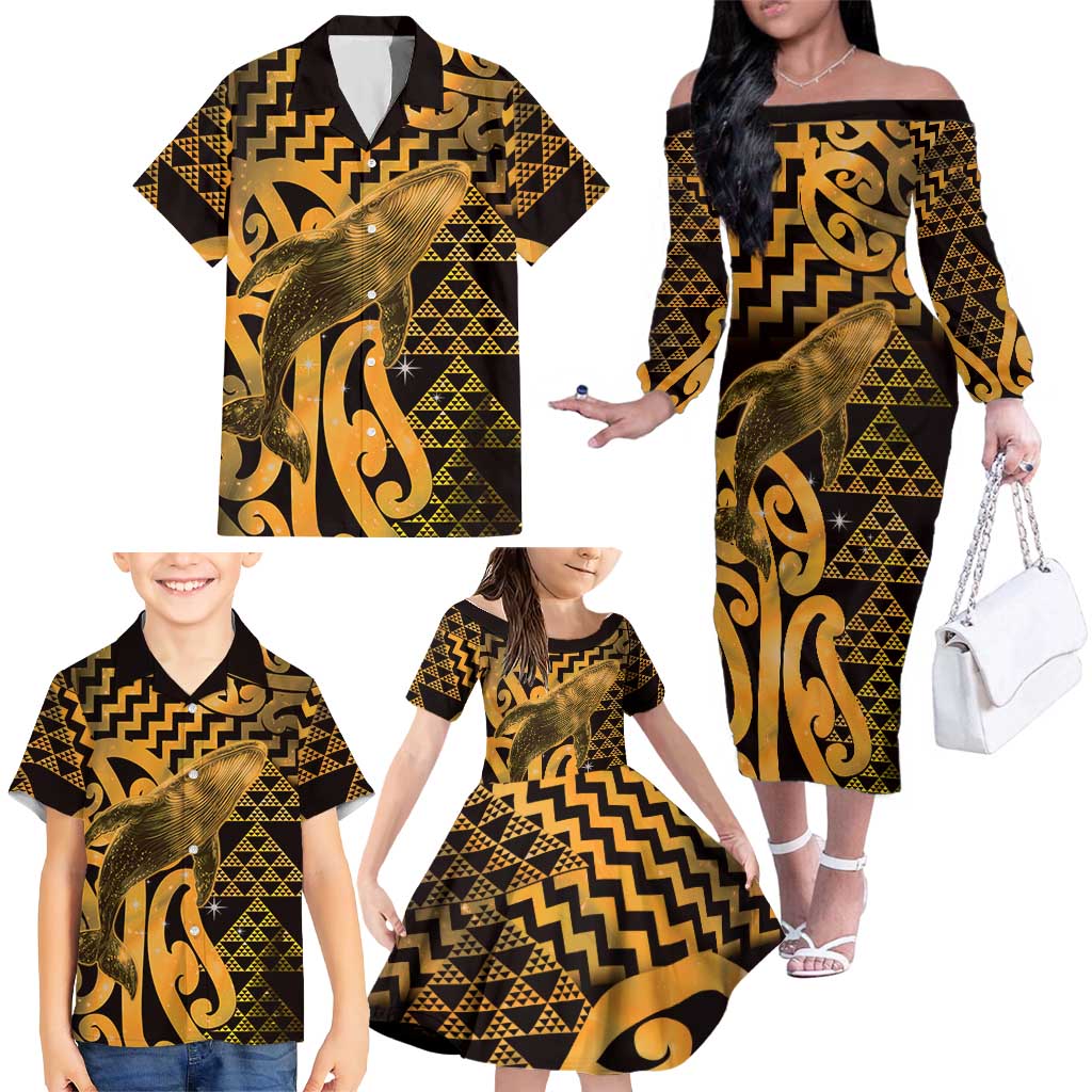 Humpback Whale Matariki New Zealand Family Matching Off The Shoulder Long Sleeve Dress and Hawaiian Shirt NZ Maori Paikea Poutama Luxury Gold