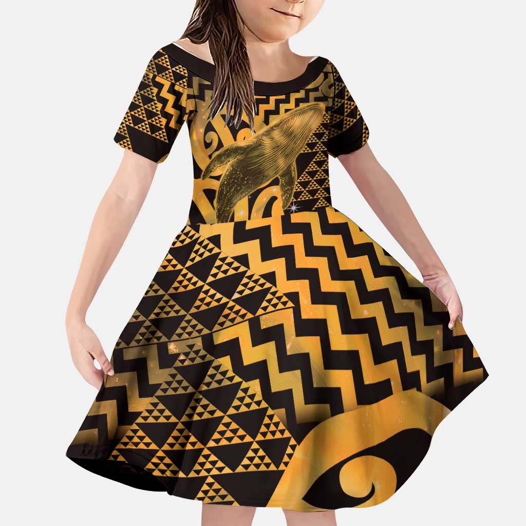 Humpback Whale Matariki New Zealand Family Matching Off Shoulder Short Dress and Hawaiian Shirt NZ Maori Paikea Poutama Luxury Gold LT14 Daughter's Dress Gold - Polynesian Pride