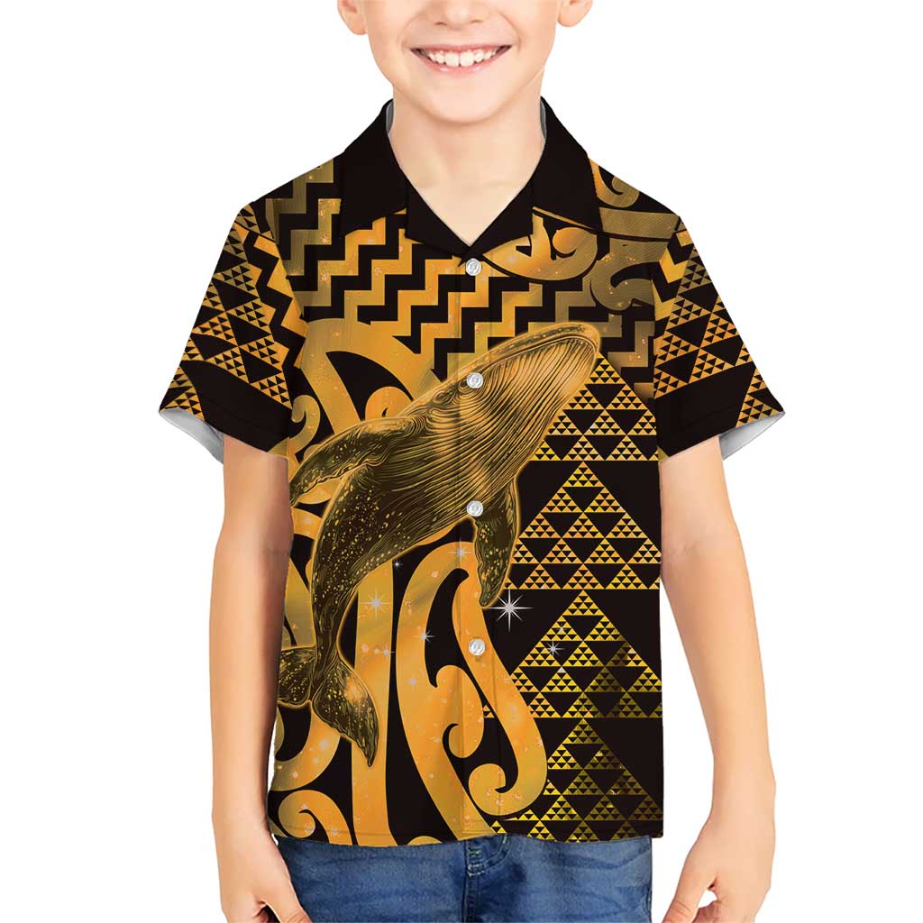 Humpback Whale Matariki New Zealand Family Matching Off Shoulder Short Dress and Hawaiian Shirt NZ Maori Paikea Poutama Luxury Gold LT14 Son's Shirt Gold - Polynesian Pride