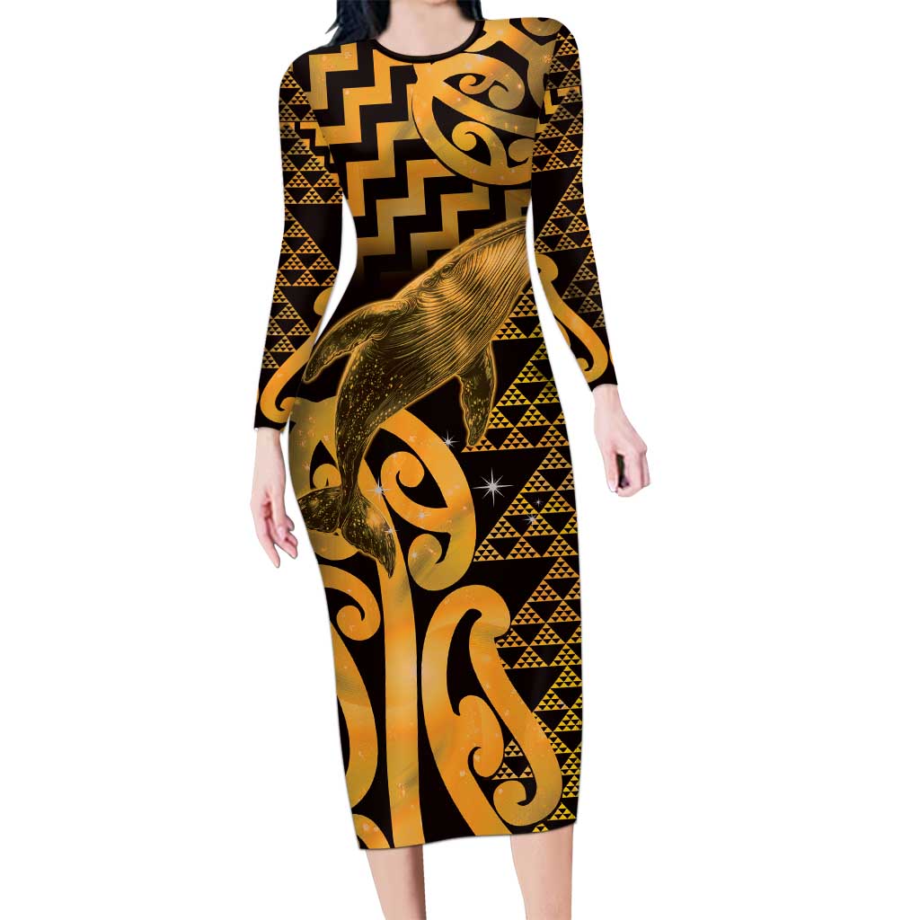 Humpback Whale Matariki New Zealand Long Sleeve Bodycon Dress NZ Maori Paikea Poutama Luxury Gold