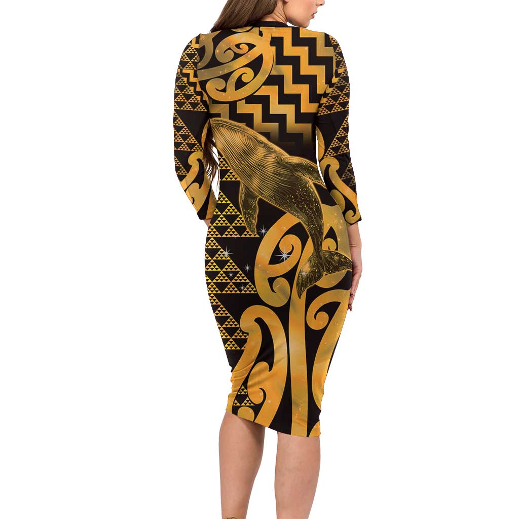 Humpback Whale Matariki New Zealand Long Sleeve Bodycon Dress NZ Maori Paikea Poutama Luxury Gold LT14 - Polynesian Pride