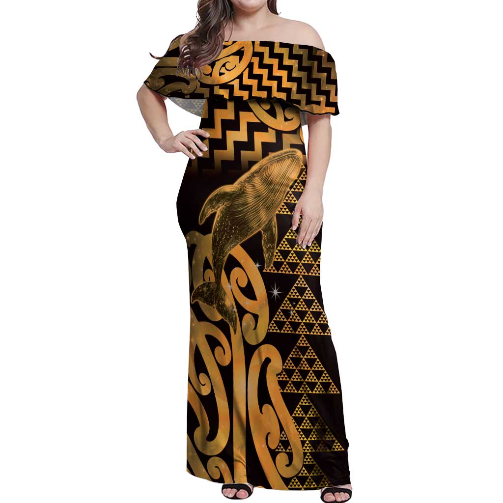 Humpback Whale Matariki New Zealand Off Shoulder Maxi Dress NZ Maori Paikea Poutama Luxury Gold LT14 Women Gold - Polynesian Pride