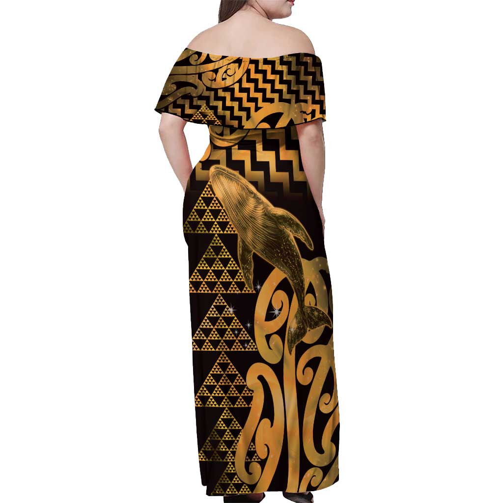 Humpback Whale Matariki New Zealand Off Shoulder Maxi Dress NZ Maori Paikea Poutama Luxury Gold LT14 - Polynesian Pride