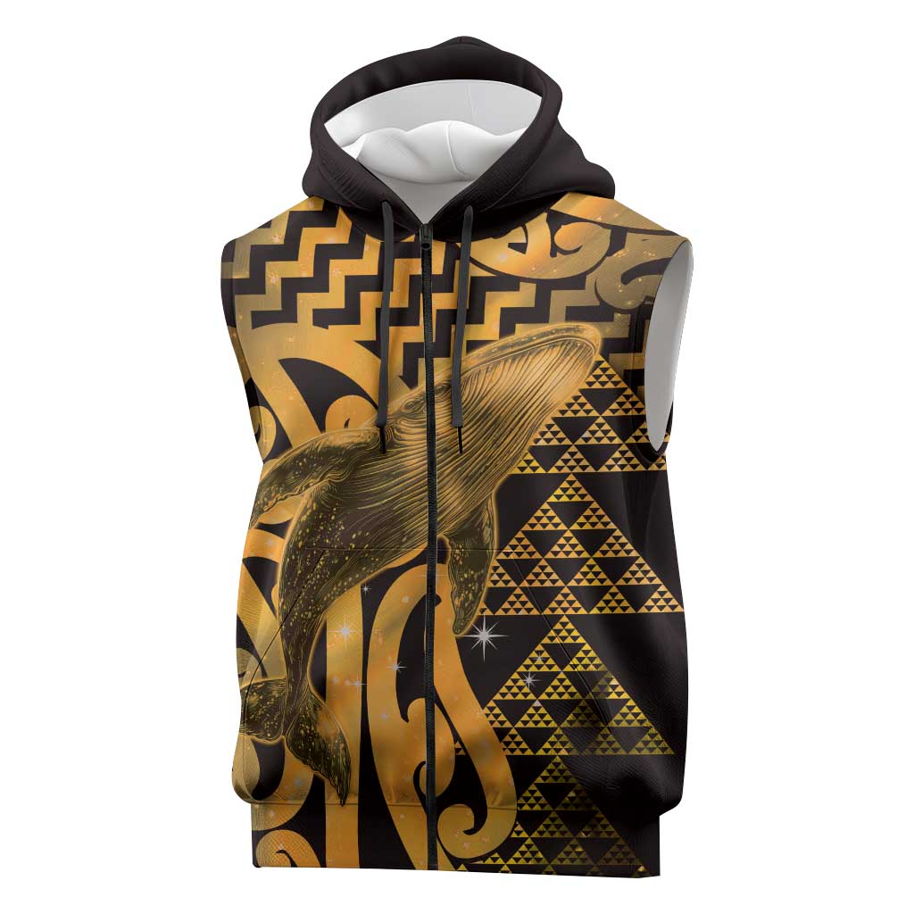 Humpback Whale Matariki New Zealand Sleeveless Zip Hoodie NZ Maori Paikea Poutama Luxury Gold LT14 Gold - Polynesian Pride
