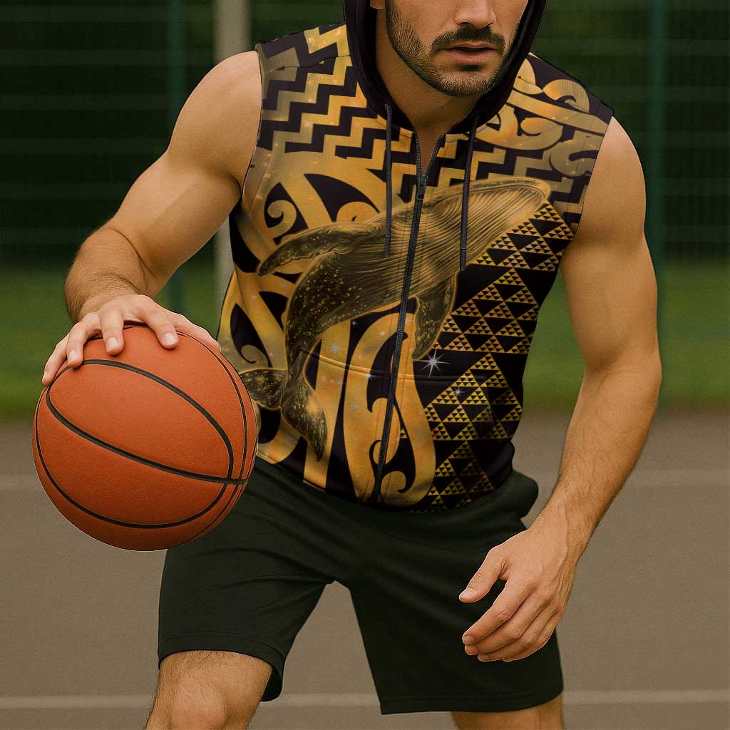 Humpback Whale Matariki New Zealand Sleeveless Zip Hoodie NZ Maori Paikea Poutama Luxury Gold LT14 - Polynesian Pride