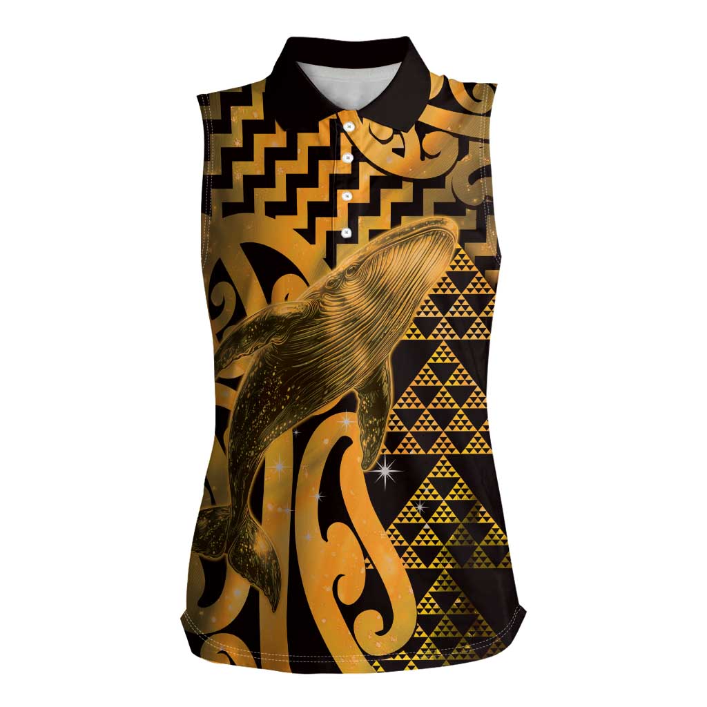Humpback Whale Matariki New Zealand Women Sleeveless Polo Shirt NZ Maori Paikea Poutama Luxury Gold LT14 Female Gold - Polynesian Pride