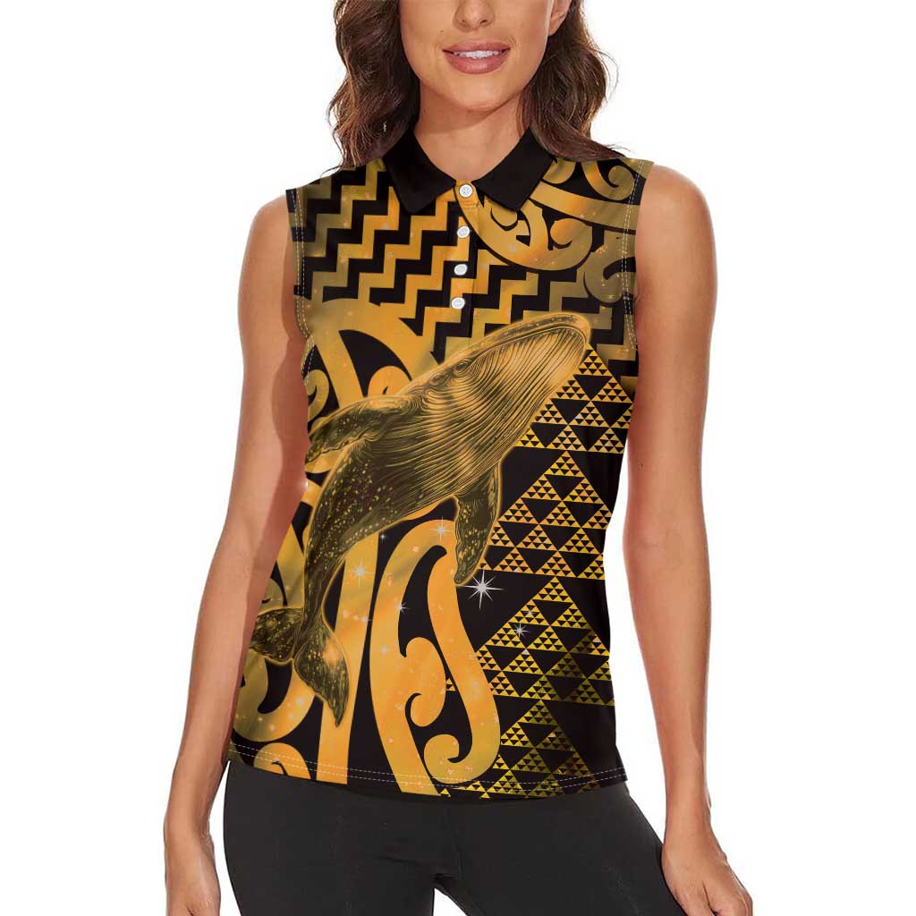 Humpback Whale Matariki New Zealand Women Sleeveless Polo Shirt NZ Maori Paikea Poutama Luxury Gold LT14 - Polynesian Pride