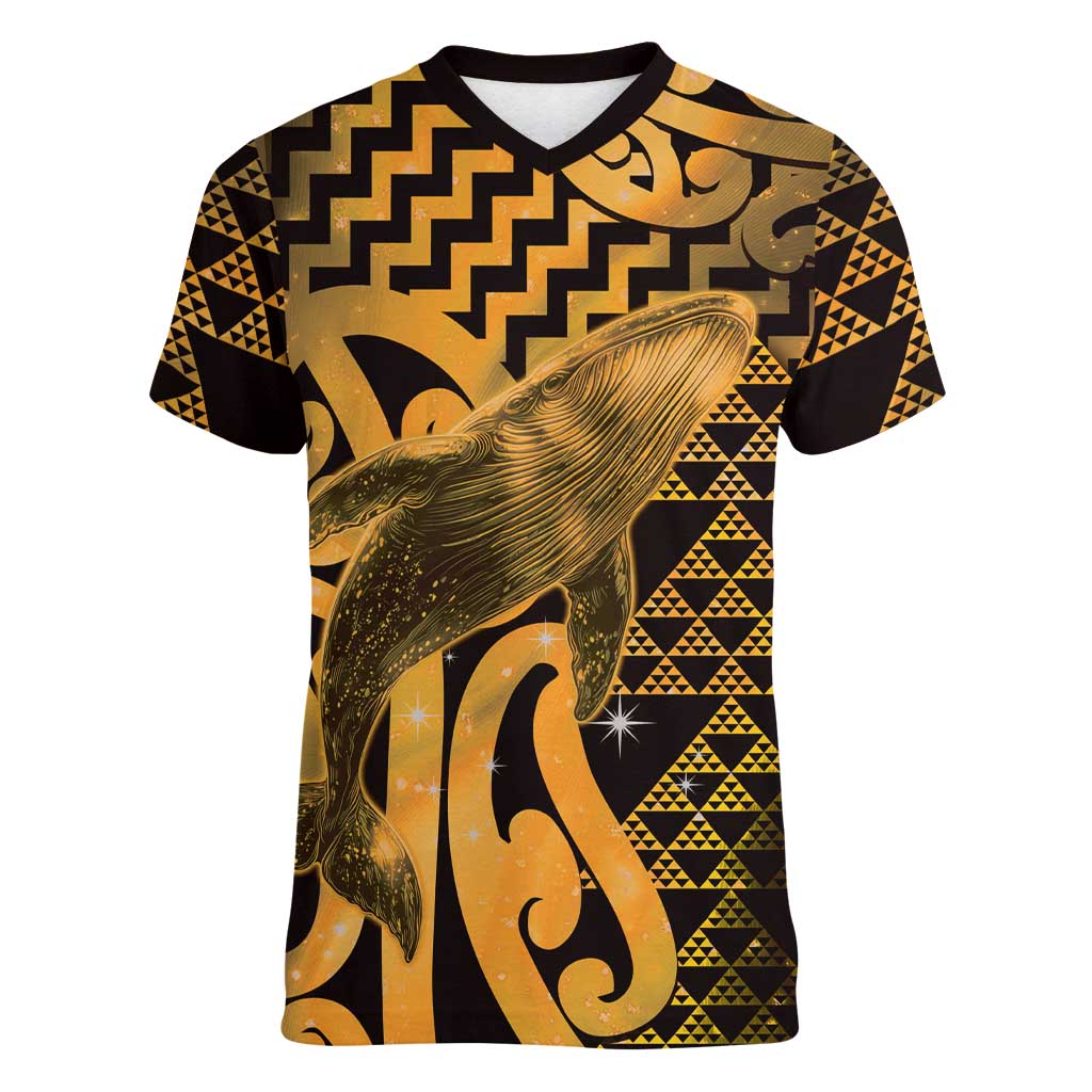 Humpback Whale Matariki New Zealand Women V-Neck T-Shirt NZ Maori Paikea Poutama Luxury Gold LT14 Female Gold - Polynesian Pride