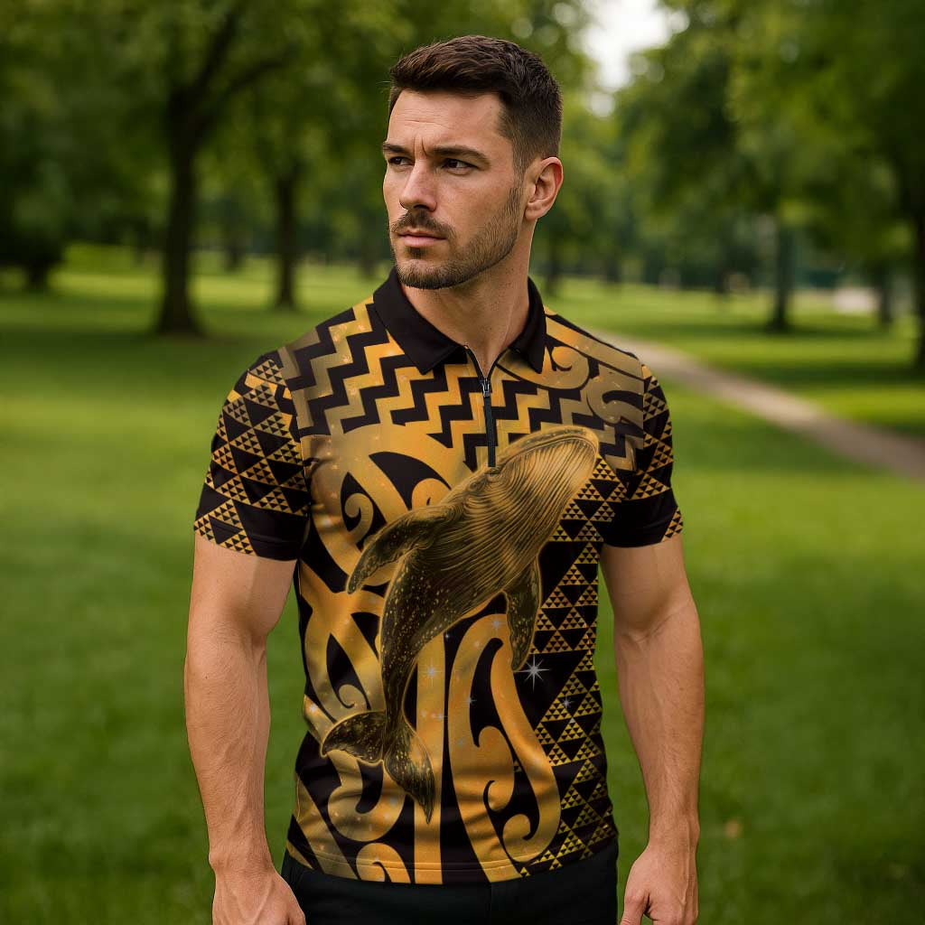 Humpback Whale Matariki New Zealand Zipper Polo Shirt NZ Maori Paikea Poutama Luxury Gold LT14 - Polynesian Pride