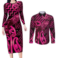 Humpback Whale Matariki New Zealand Couples Matching Long Sleeve Bodycon Dress and Long Sleeve Button Shirt NZ Maori Paikea Poutama Luxury Pink