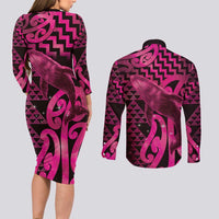 Humpback Whale Matariki New Zealand Couples Matching Long Sleeve Bodycon Dress and Long Sleeve Button Shirt NZ Maori Paikea Poutama Luxury Pink
